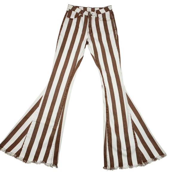 Saints & Hearts Brown White Striped High Rise Bell Bottom Flare Jeans 27 x 32 - Picture 2 of 11